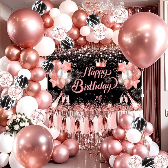 NEW Rose Gold Happy Birthday Party Balloon Photo Background Decor Wall Tapestry - Picture 4 of 5
